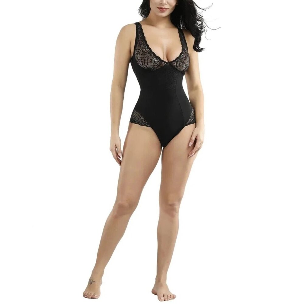 🖤 Lace Patchwork Close Fitting Deep V-Neck Plunging Back Bodysuit Shapewear